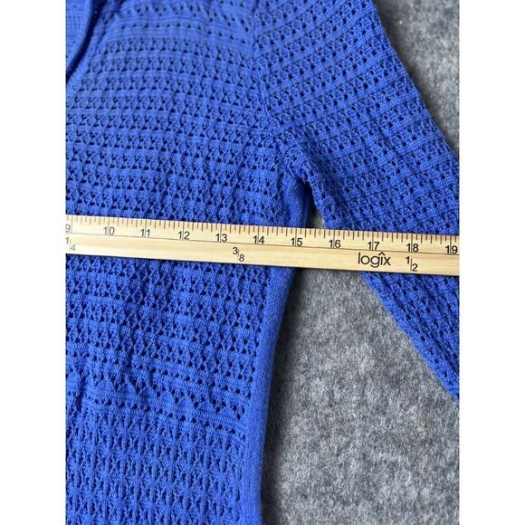 Talbots Sweater Women's Small Blue 100% Cotton Crochet Long Sleeve V-Neck Slit - Picture 2 of 10